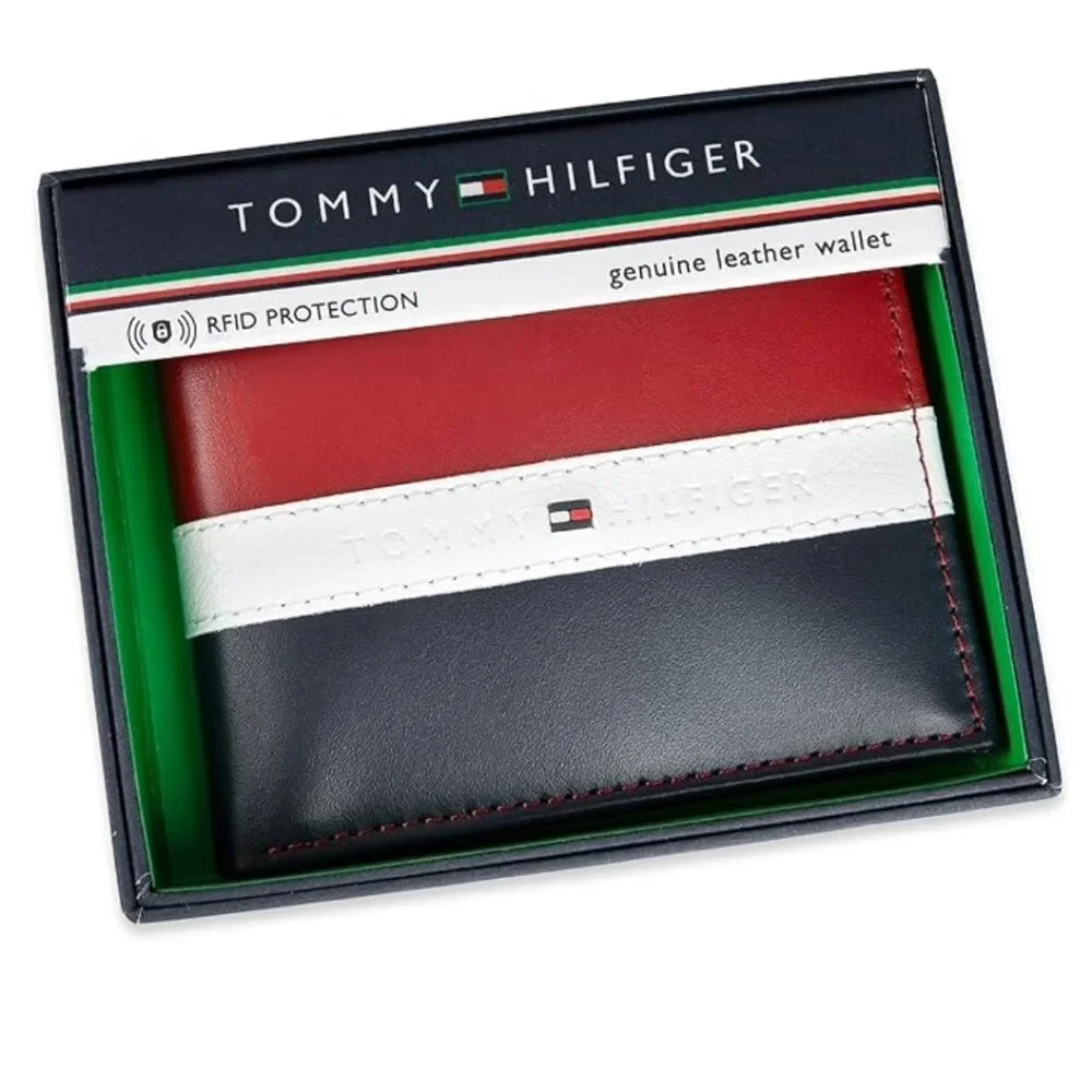 Tommy Hilfiger mens Leather Slim Bifold With Coin Pocket wallets, RED NAVY WHITE